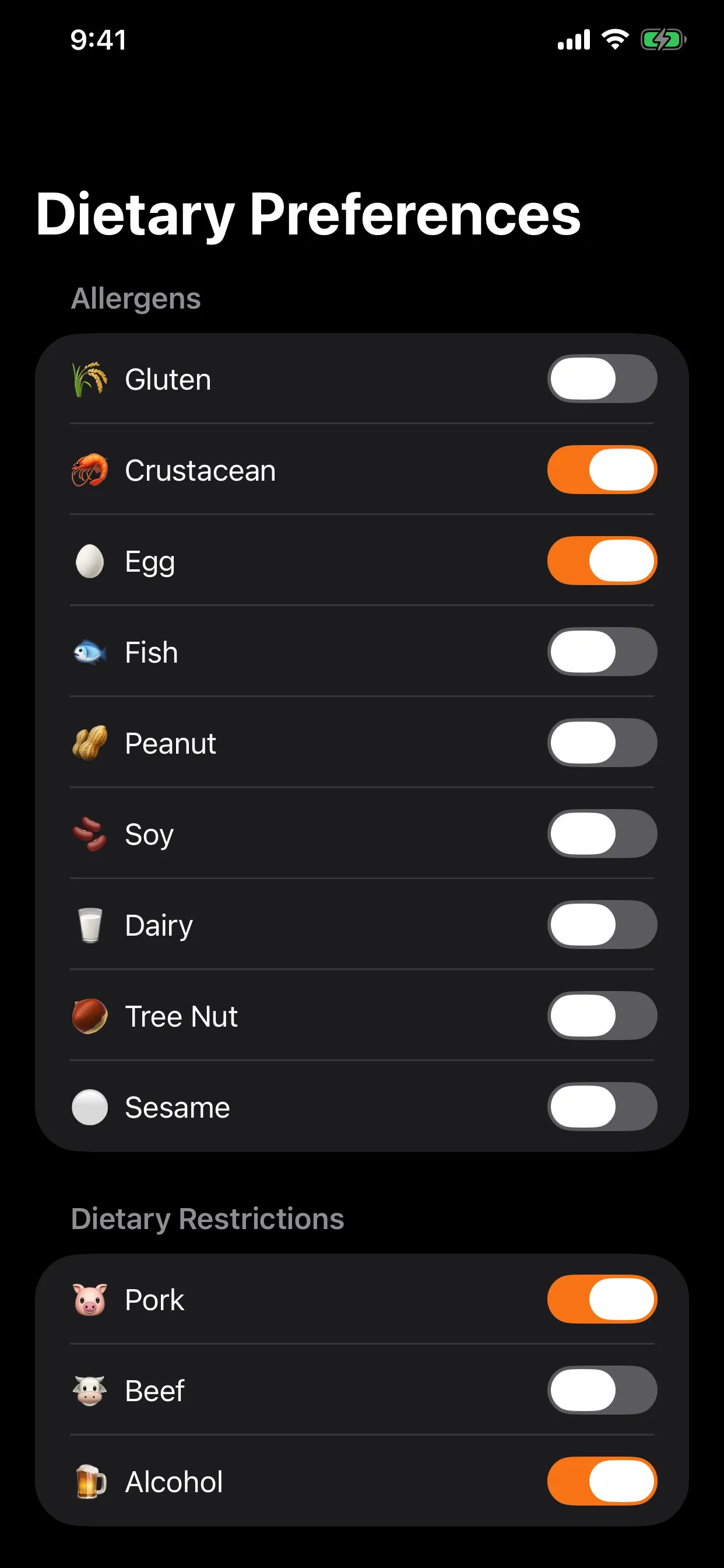 Dietary preferences with allergen toggles